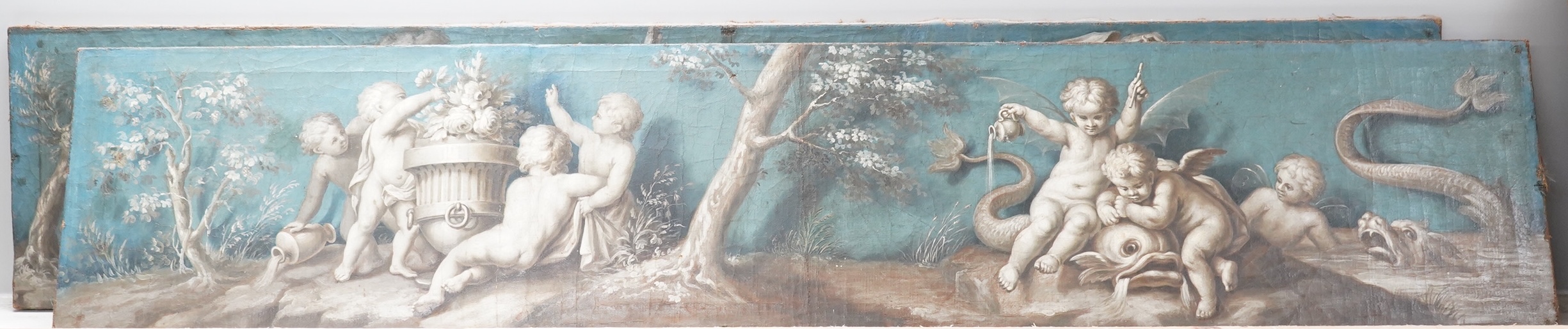 18th century, Italian School, Classical compositions, cherubs and dolphins, pair of oils on canvas, unframed, 23 x 113cm